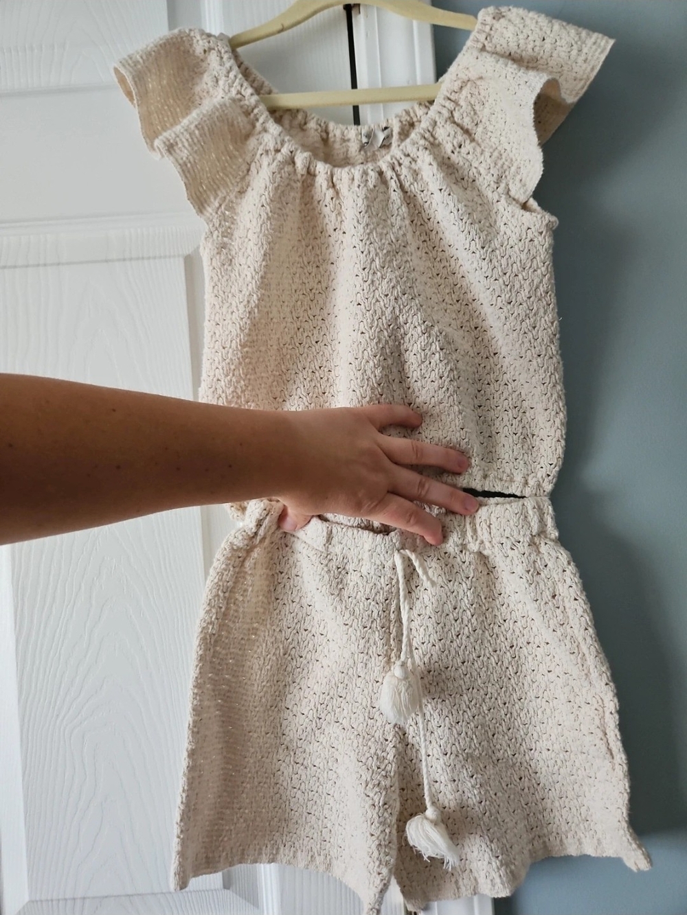 Crochet Cream Knit Set with Drawstring Waist
